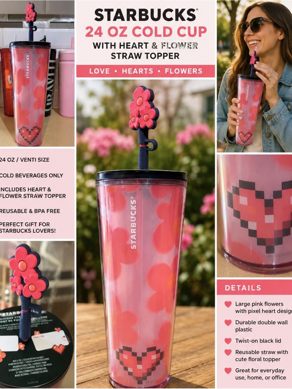 Starbucks 24 oz Venti Cold Cup Pink Hearts Flowers Tumbler Straw Topper 2025